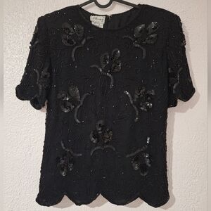 STENAY SILK  Black Beaded Floral Blouse